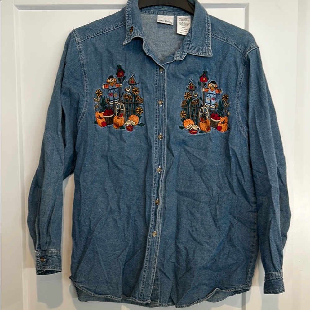 Bobbie Brooks button down chambray embroidered fall shirt size large